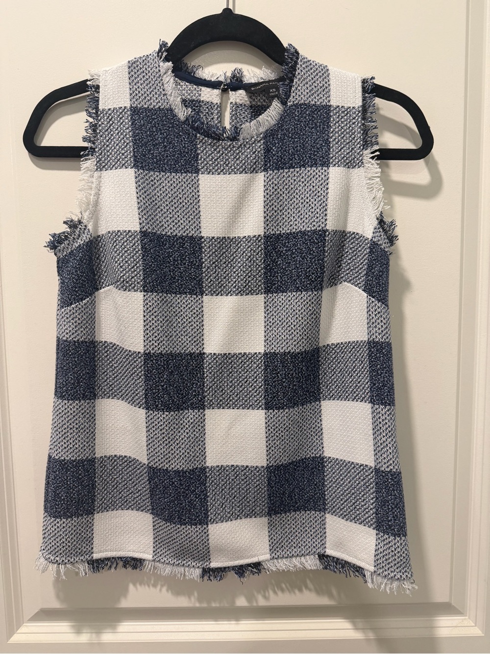 Banana Republic Navy & White Check Fringe Sleeveless Top